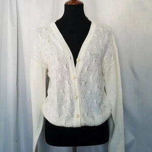Vintage‎ White Textured Tight Knit Cardigan Button Down V neck